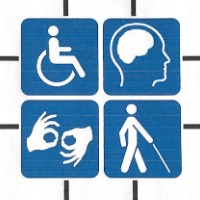 Jabez Ministries logo with cross and handicapped symbol, image of a brain, image of sign language, and image of person with cane